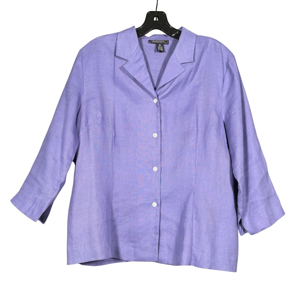 Vintage Harold's Purple Linen Button Front 3/4 Sleeve Blouse Shirt Size 12
